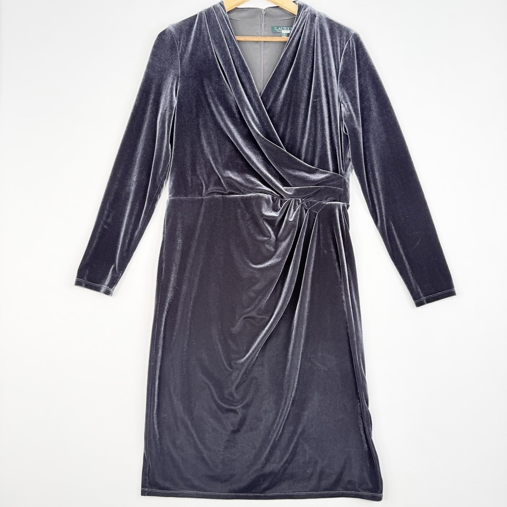 Lauren Ralph Lauren Dark Gray Velvet Surplice long sleeve Stretch Dress SZ-12